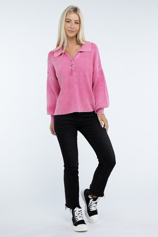 Washed Collared Henley Sweater - Nexusni