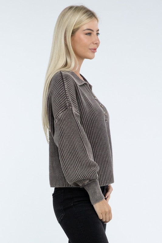 Washed Collared Henley Sweater - Nexusni