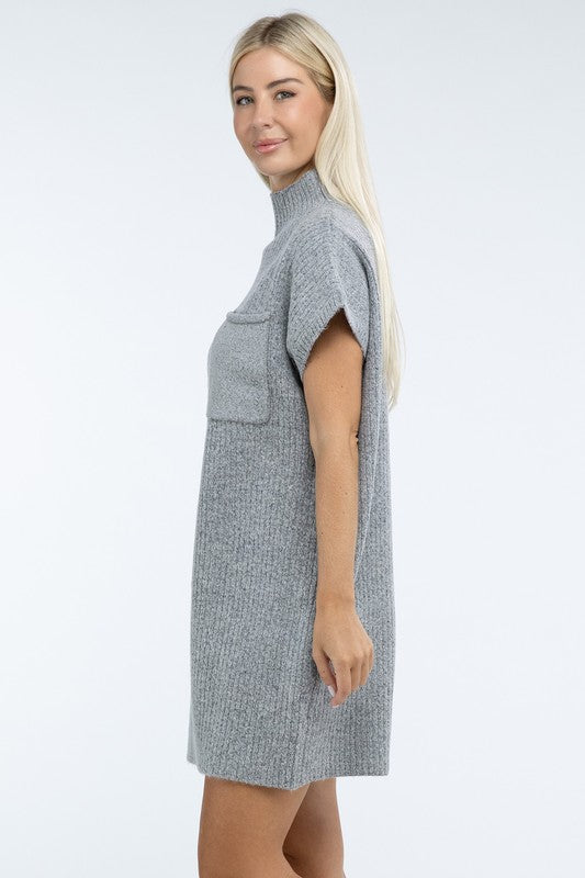 Mock Neck Short Sleeve Sweater Dress with Pocket - Nexusni