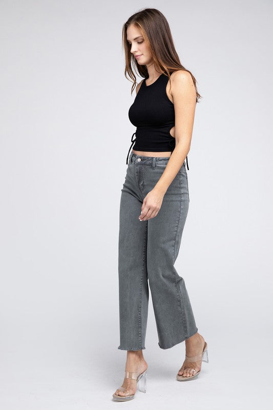 Acid Wash Frayed Cutoff Hem Straight Wide Pants - Nexusni