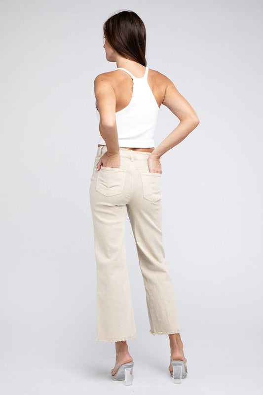 Acid Wash Frayed Cutoff Hem Straight Wide Pants - Nexusni