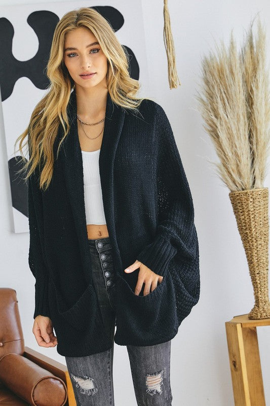 Pattern Knit Dolman Sleeve Solid Slouch Cardigan - Nexusni