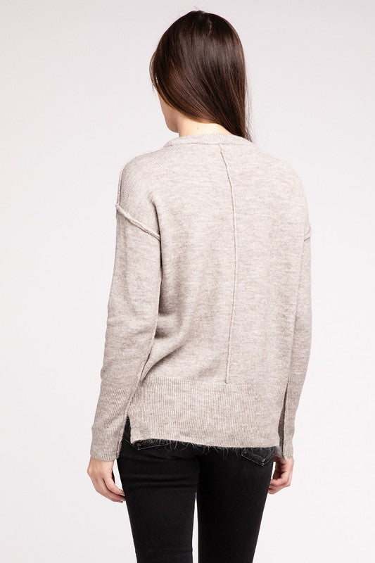 Melange Hi-Low Hem Round Neck Sweater - Nexusni