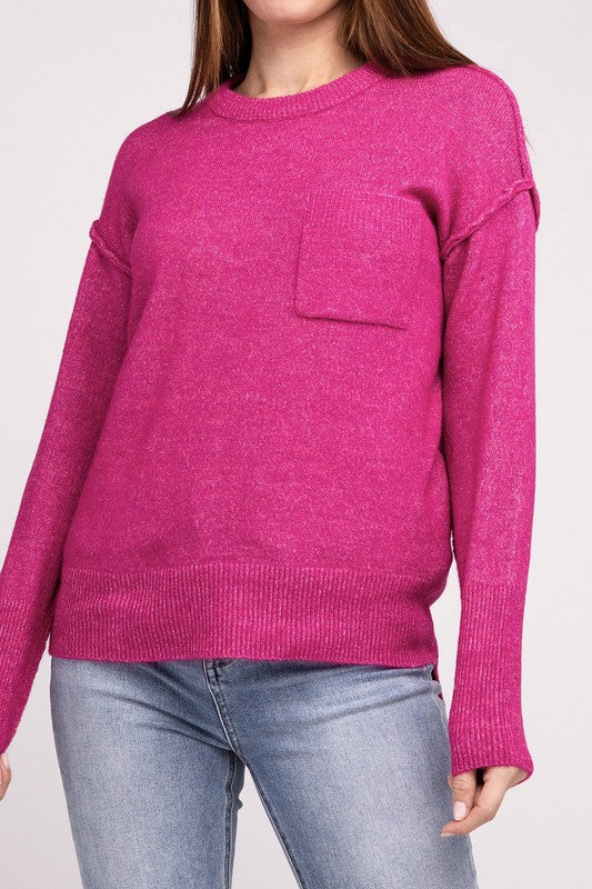 Melange Hi-Low Hem Round Neck Sweater - Nexusni