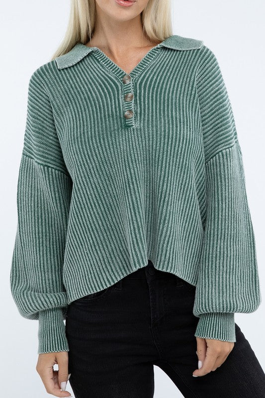 Washed Collared Henley Sweater - Nexusni