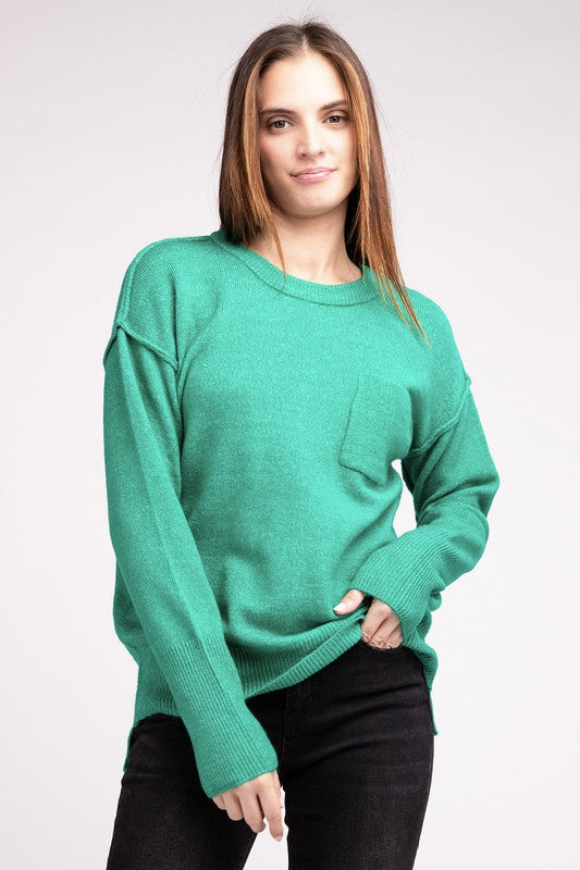 Melange Hi-Low Hem Round Neck Sweater - Nexusni