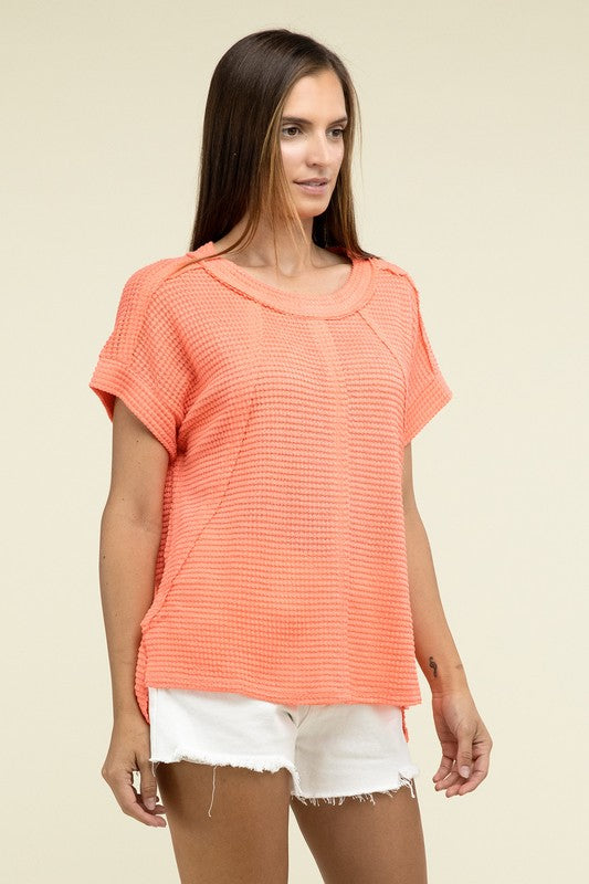 Brushed Waffle Exposed-Seam Short Sleeve Top - Nexusni