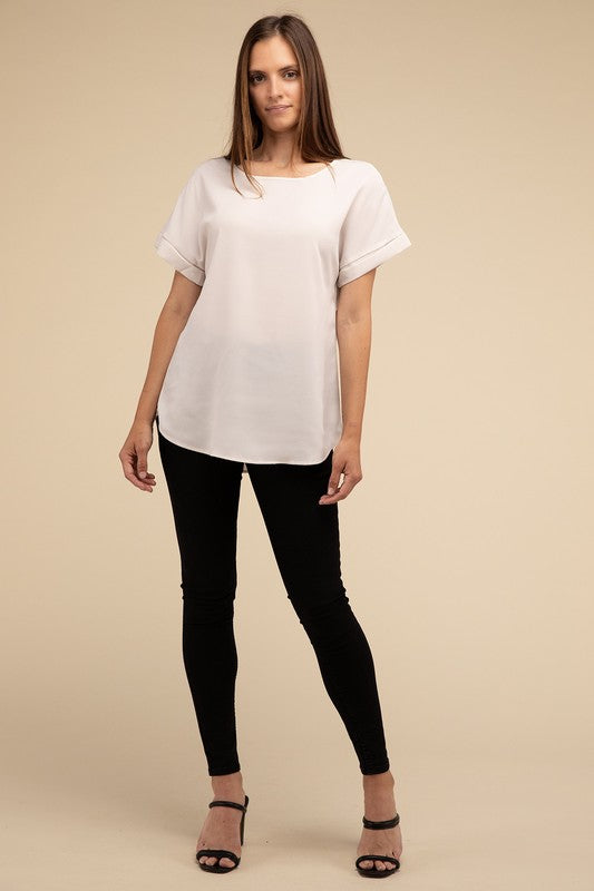 Woven Heavy Dobby Rolled Sleeve Boat Neck Top - Nexusni