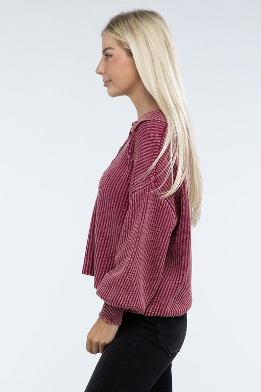 Washed Collared Henley Sweater - Nexusni