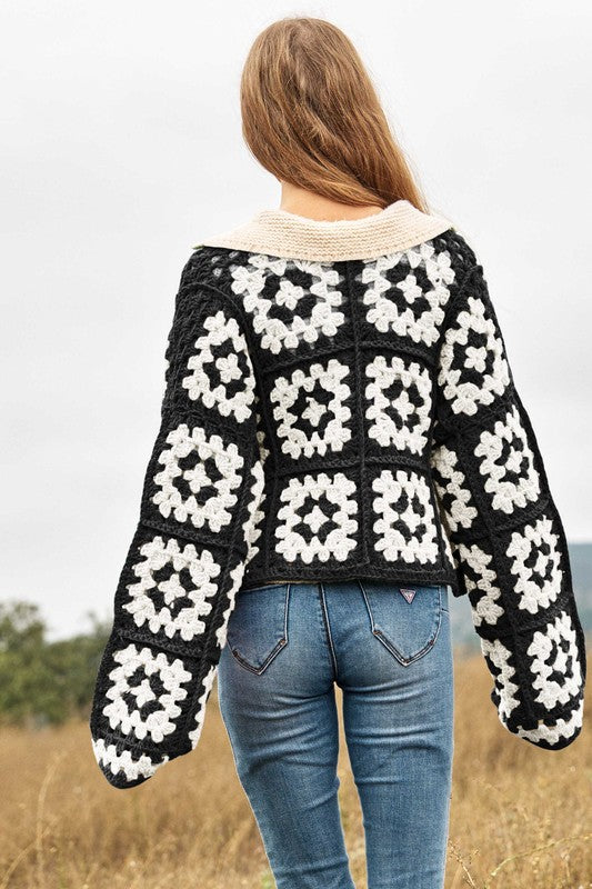 Floral Two-Tone Square Open Knit Crochet Cardigan - Nexusni