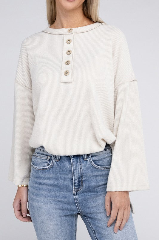 Ribbed Brushed Melange Hacci Henley Sweater - Nexusni