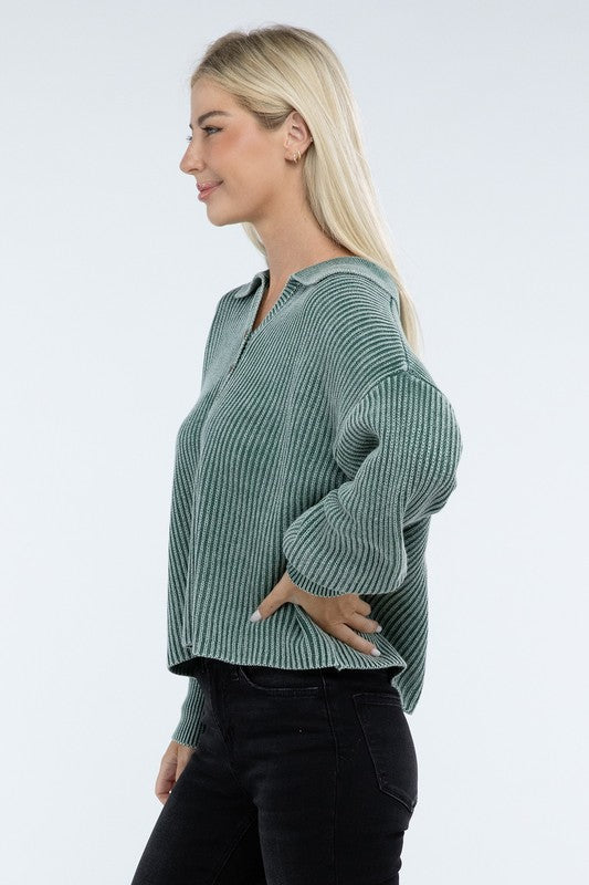 Washed Collared Henley Sweater - Nexusni