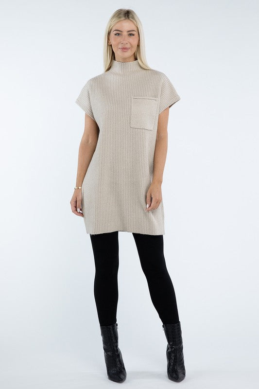 Mock Neck Short Sleeve Sweater Dress with Pocket - Nexusni