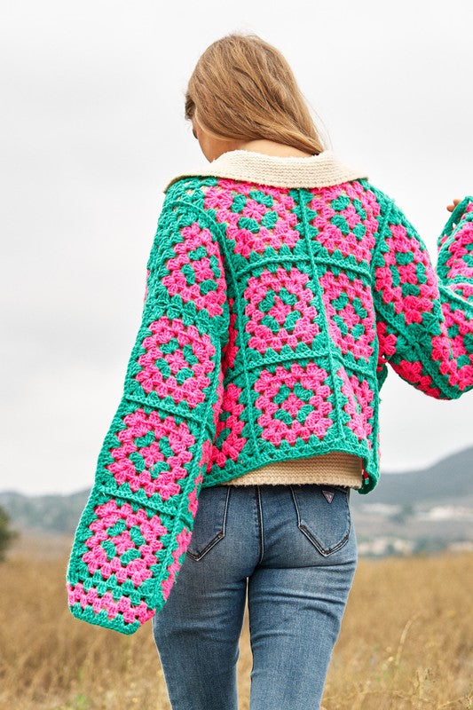 Floral Two-Tone Square Open Knit Crochet Cardigan - Nexusni