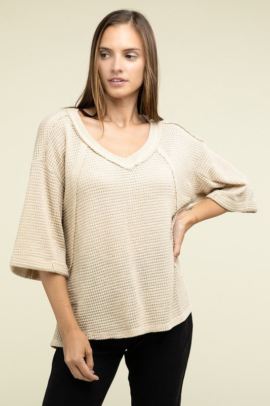 Brushed Waffle Exposed-Seam 3/4 Sleeve Top - Nexusni