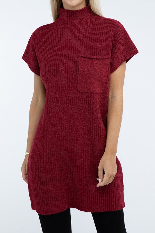 Mock Neck Short Sleeve Sweater Dress with Pocket - Nexusni