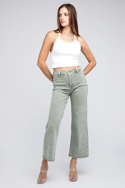 Acid Wash Frayed Cutoff Hem Straight Wide Pants - Nexusni