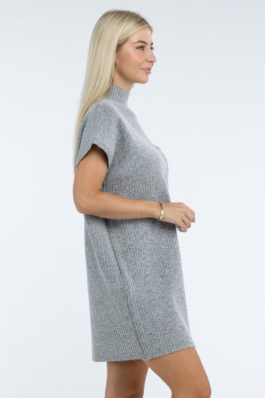 Mock Neck Short Sleeve Sweater Dress with Pocket - Nexusni