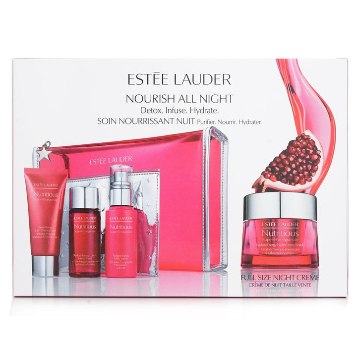 ESTEE LAUDER - Nutritious Super-Pomegranate Nourish All Night Set: Night Creme+ Milky Lotion+ Lotion Intense Moist+ Cleansing Form ... 4pcs+2bags - Nexusni