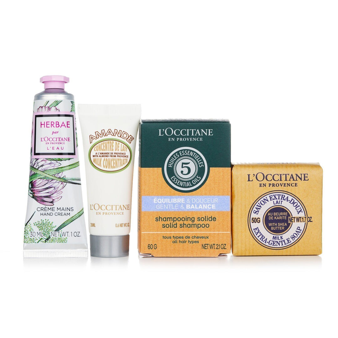 L'OCCITANE - Les Essentiels Body Set : Almond Mlik 20ml + Solid Shampoo 60g + Body Soap 50g + Hebae L'aeu Hand Cream 30ml 698662 4pcs+1bag - Nexusni