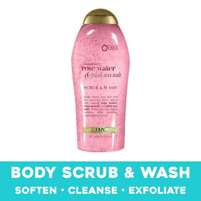 OGX Sensitive + Pink Sea Salt & Rosewater Sulfate-Free Soothing Body Scrub with Healing Rose Quartz, Gentle Exfoliating Daily Body Wash, 19.5 Fl Oz - Nexusni