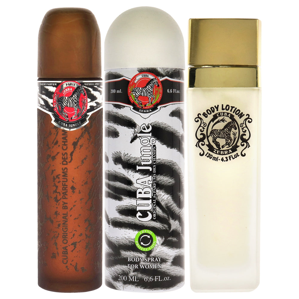 Cuba Jungle Zebra by Cuba for Women - 3 Pc Gift Set 3.3oz EDP Spray, 6.7oz Deodorant Body Spray, 4.3oz Body Lotion - Nexusni