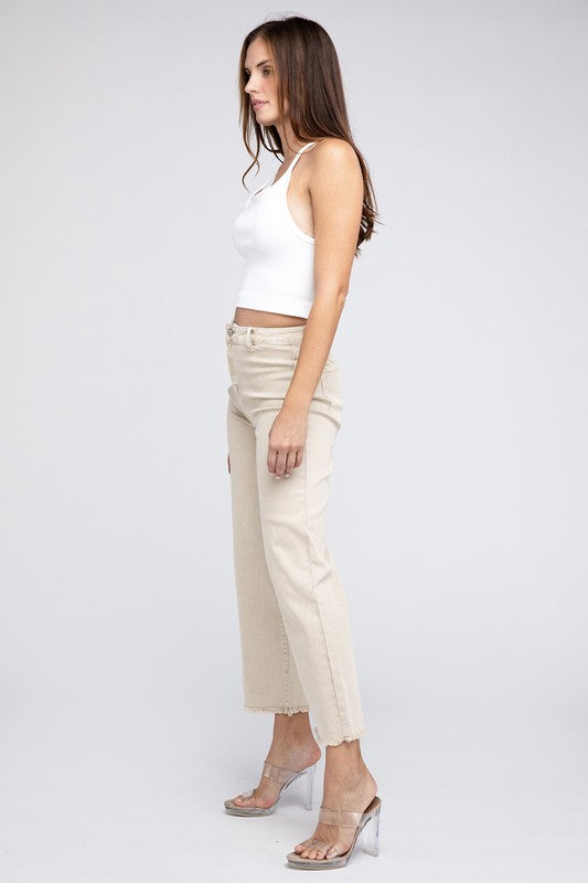 Acid Wash Frayed Cutoff Hem Straight Wide Pants - Nexusni