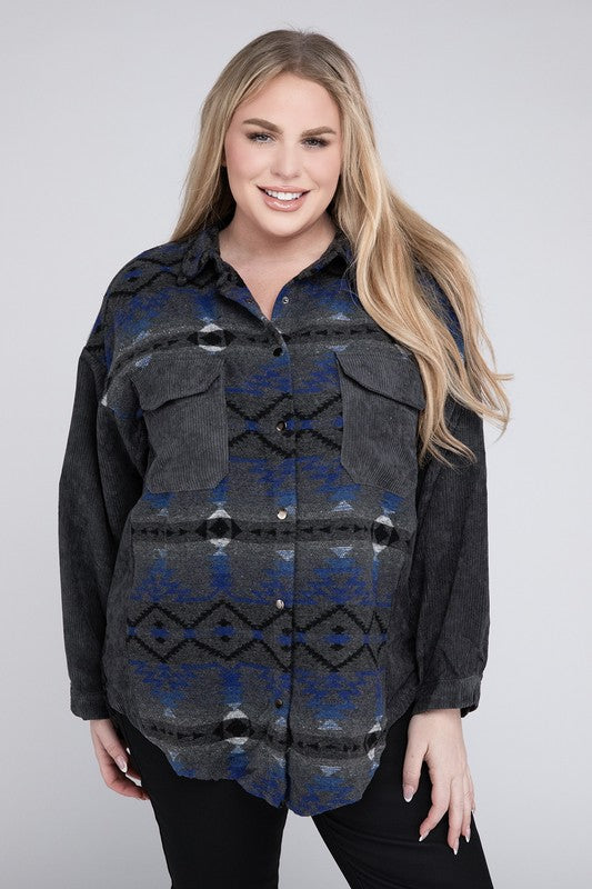 Plus Printed Button Down Long Sleeve Jacket - Nexusni