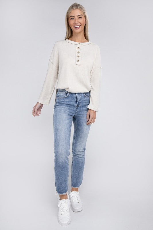 Ribbed Brushed Melange Hacci Henley Sweater - Nexusni