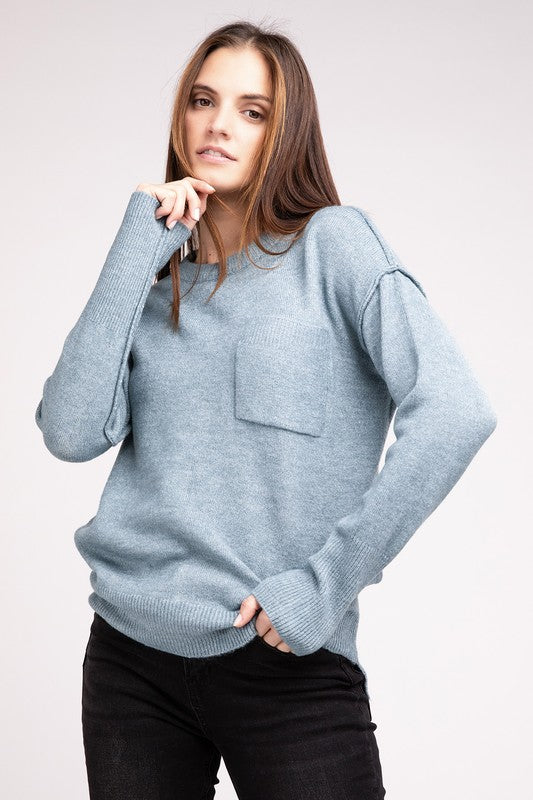 Melange Hi-Low Hem Round Neck Sweater - Nexusni