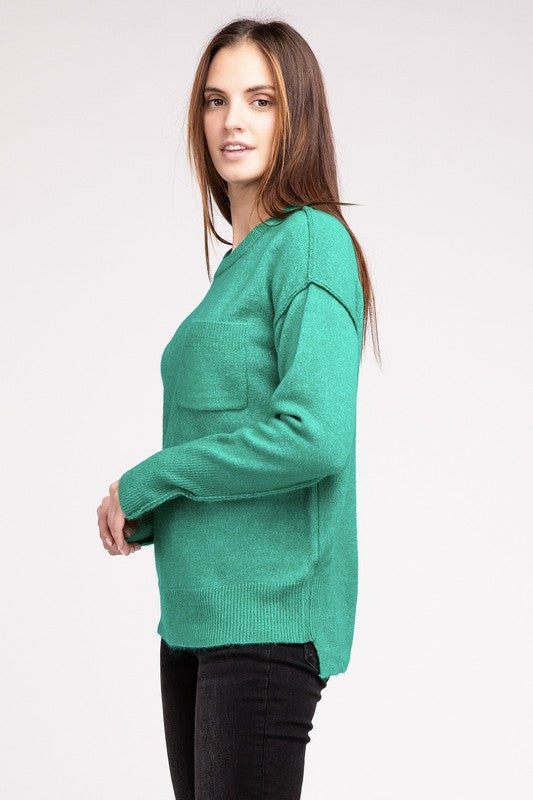 Melange Hi-Low Hem Round Neck Sweater - Nexusni