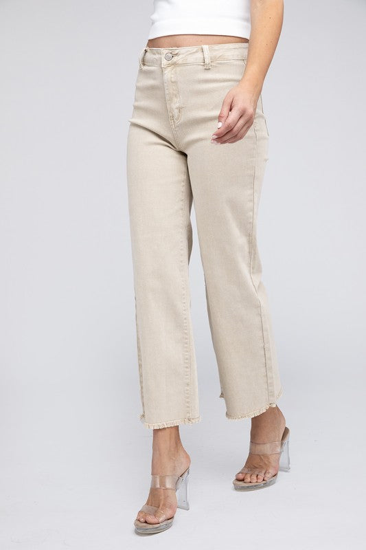 Acid Wash Frayed Cutoff Hem Straight Wide Pants - Nexusni