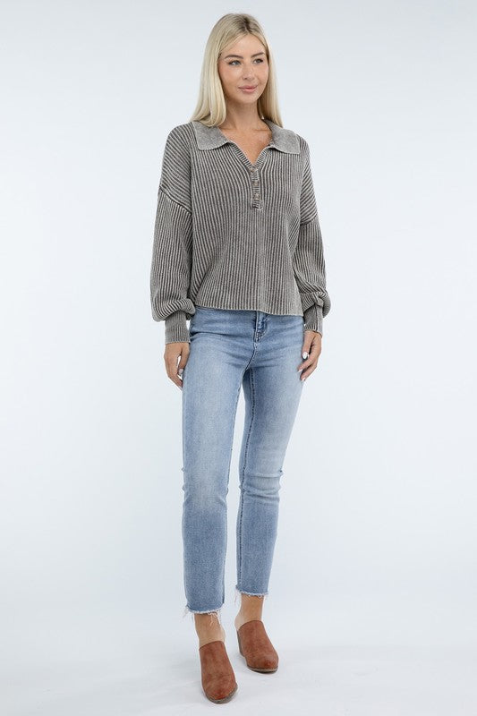 Washed Collared Henley Sweater - Nexusni