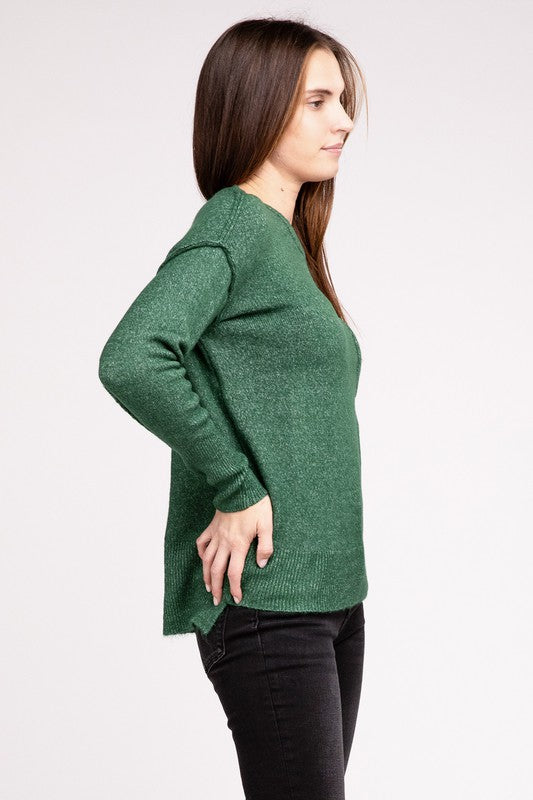 Melange Hi-Low Hem Round Neck Sweater - Nexusni