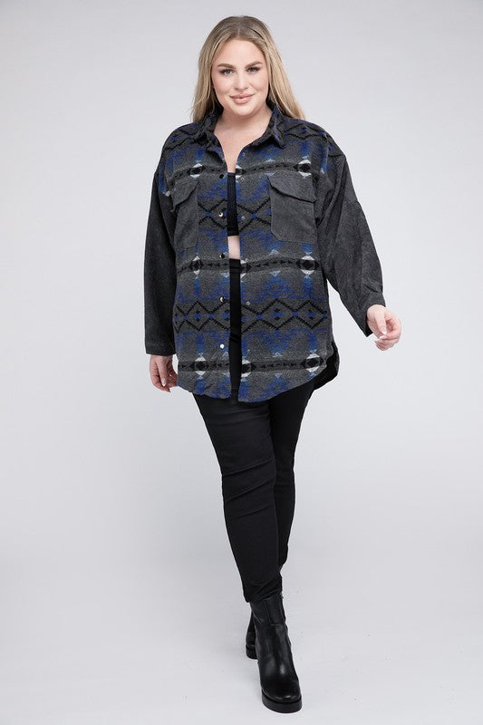 Plus Printed Button Down Long Sleeve Jacket - Nexusni