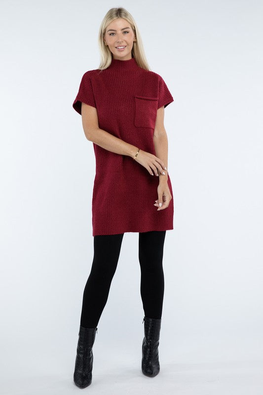 Mock Neck Short Sleeve Sweater Dress with Pocket - Nexusni