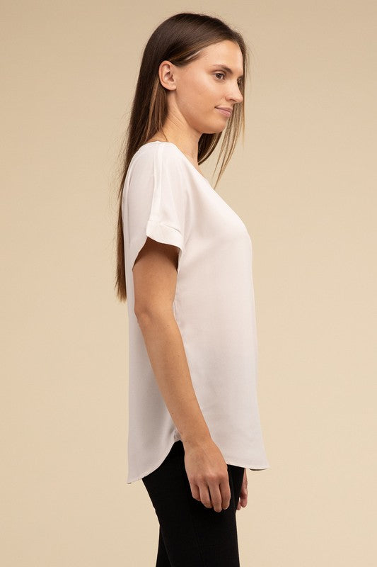 Woven Heavy Dobby Rolled Sleeve Boat Neck Top - Nexusni