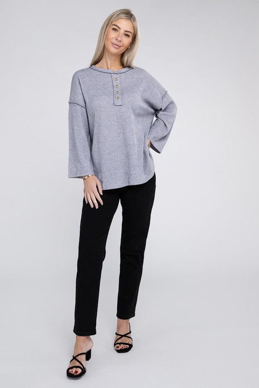 Ribbed Brushed Melange Hacci Henley Sweater - Nexusni