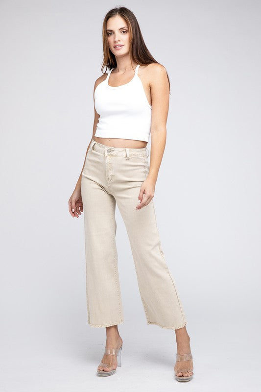 Acid Wash Frayed Cutoff Hem Straight Wide Pants - Nexusni