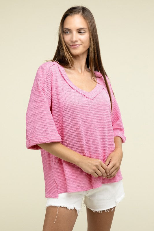 Brushed Waffle Exposed-Seam 3/4 Sleeve Top - Nexusni