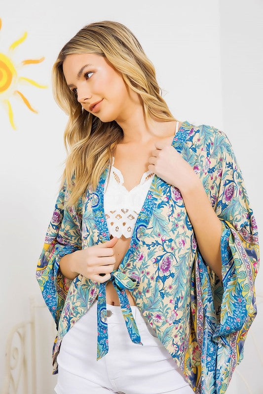 LIGHT WOVEN SQUARED OPEN KIMONO CARDIGAN WITH TIE - Nexusni