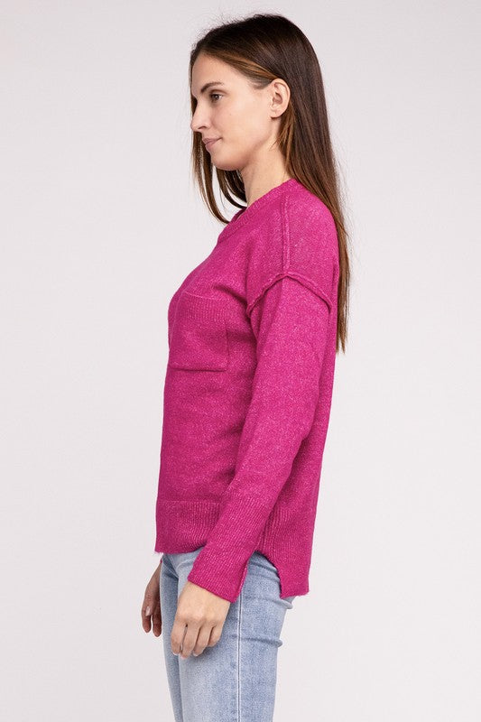 Melange Hi-Low Hem Round Neck Sweater - Nexusni