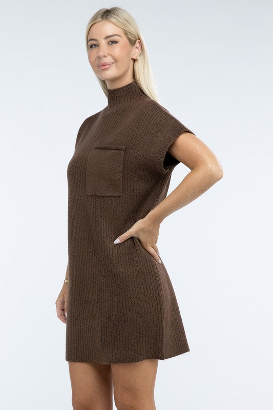 Mock Neck Short Sleeve Sweater Dress with Pocket - Nexusni