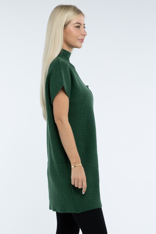 Mock Neck Short Sleeve Sweater Dress with Pocket - Nexusni