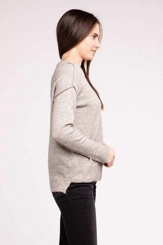 Melange Hi-Low Hem Round Neck Sweater - Nexusni