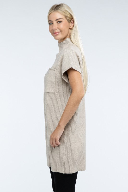 Mock Neck Short Sleeve Sweater Dress with Pocket - Nexusni