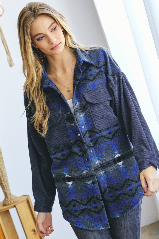 Printed Button Down Long Sleeve Jacket - Nexusni