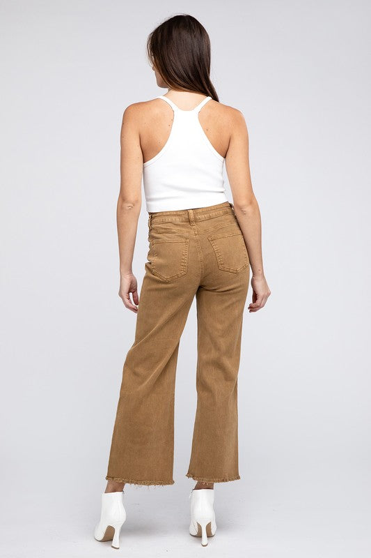 Acid Wash Frayed Cutoff Hem Straight Wide Pants - Nexusni