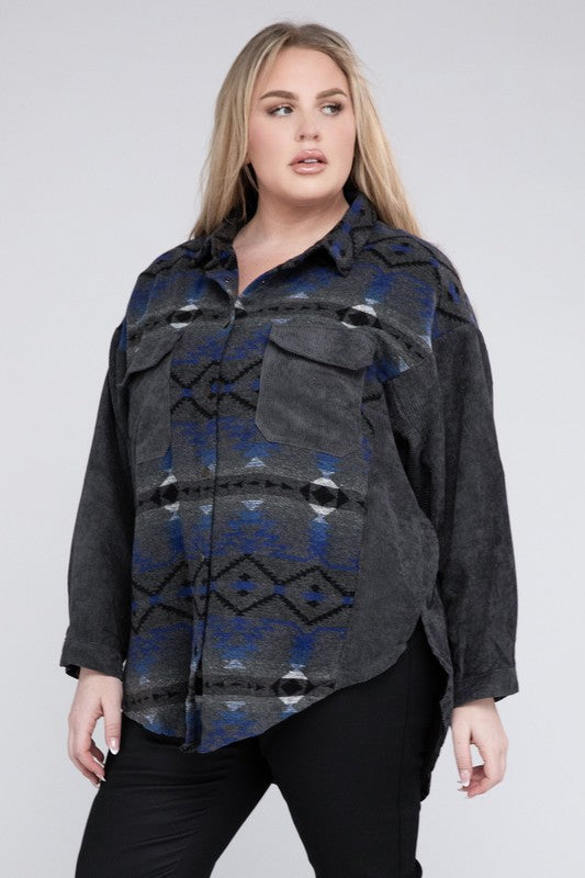 Plus Printed Button Down Long Sleeve Jacket - Nexusni