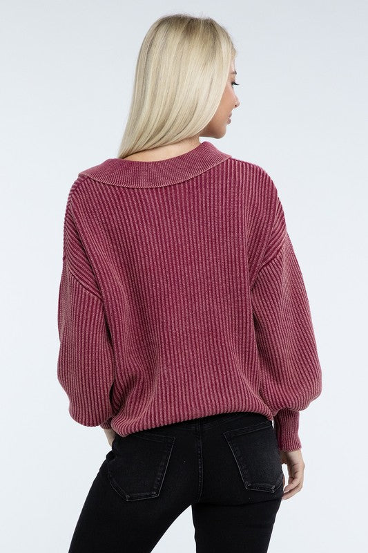 Washed Collared Henley Sweater - Nexusni